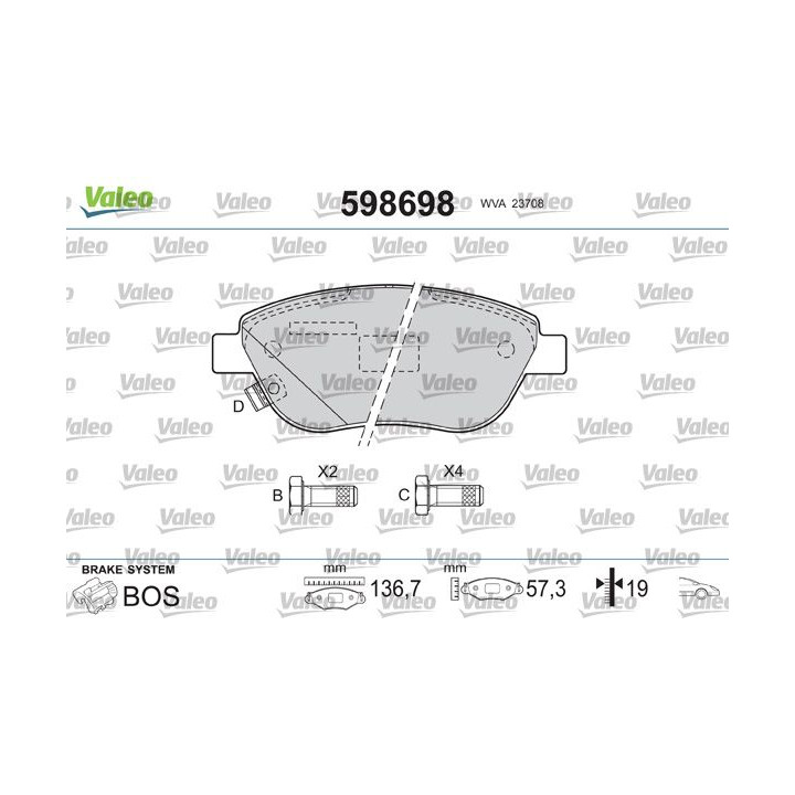 Stabdžių trinkelių rinkinys, diskinis stabdys VALEO 598698