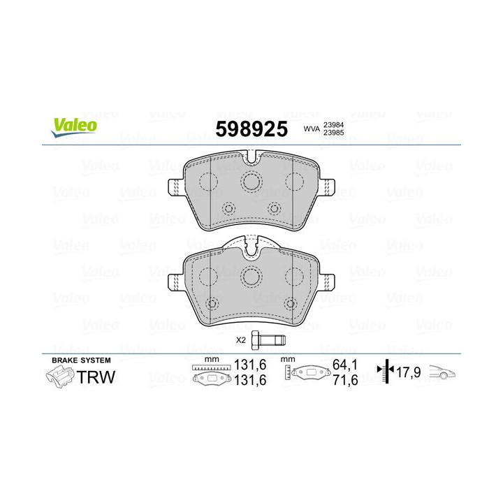 Stabdžių trinkelių rinkinys, diskinis stabdys VALEO 598925