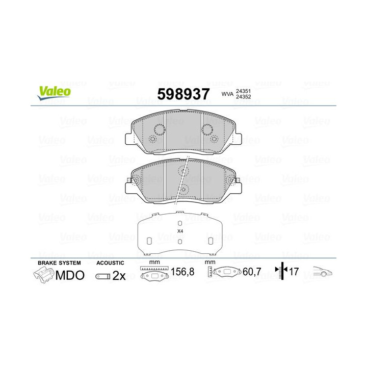 Stabdžių trinkelių rinkinys, diskinis stabdys VALEO 598937