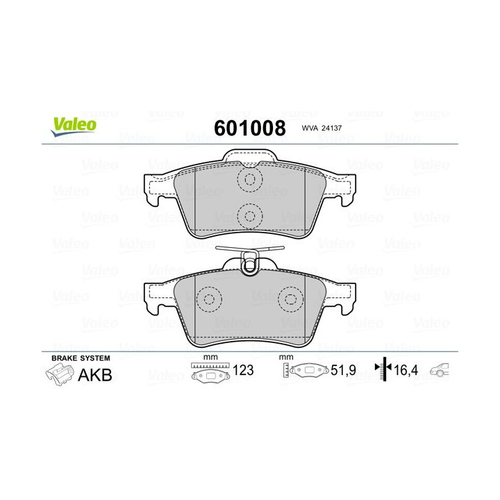 Stabdžių trinkelių rinkinys, diskinis stabdys VALEO 601008